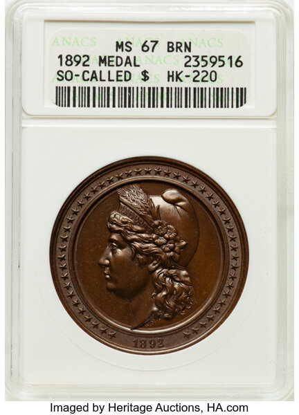 image for: 1892 World's Columbian Exposition, Liberty Head, High Relief, Bronze, HK-220, Eglit-51A, R.5, MS67 Brown ANACS. High relief,...