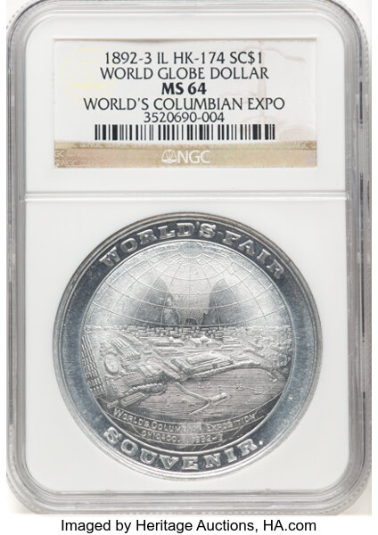 image for: (1892-93) World's Columbian Exposition, World Globe Dollar, Aluminum, HK-174, Eglit-9, SH 6-31 AL, R.3, MS64 NGC. Chicago, I...