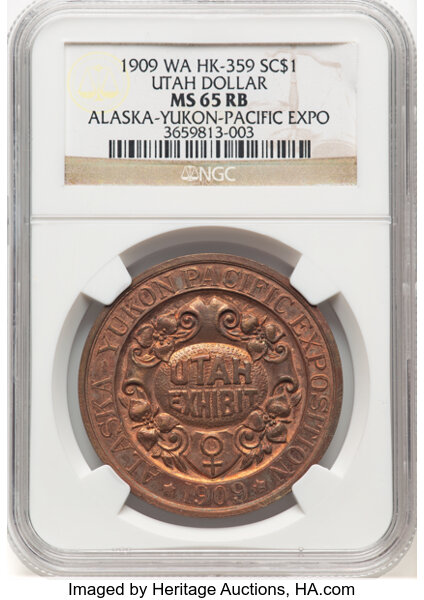 image for: 1909 Alaska-Yukon-Pacific Exposition, Utah Dollar, Copper, WA HK-359, R.5, MS65 Red and Brown NGC. NGC Census: (26/11)....