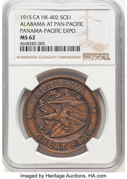image for: 1915 Panama-Pacific Exposition, Alabama at Pan-Pac, Bronze, HK-402 Variety, SH 18-12.1 BZ, R.5, MS62 NGC. 1963 restrike. San...