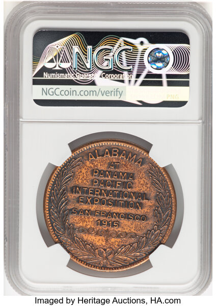image for: 1915 Panama-Pacific Exposition, Alabama at Pan-Pac, Bronze, HK-402 Variety, SH 18-12.1 BZ, R.5, MS62 NGC. 1963 restrike. San...