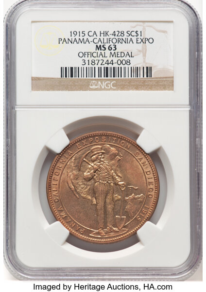 image for: 1915 Panama-California Exposition, Official Medal, Gilt, HK-428, SH 19-1 GP, R.4, MS63 NGC. NGC Census: (55/62)....