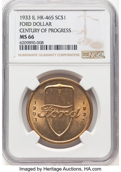 image for: 1933 Century Of Progress, Ford Dollar, Bronze, IL HK-465, R.2, MS66 NGC. NGC Census: (5/1)....