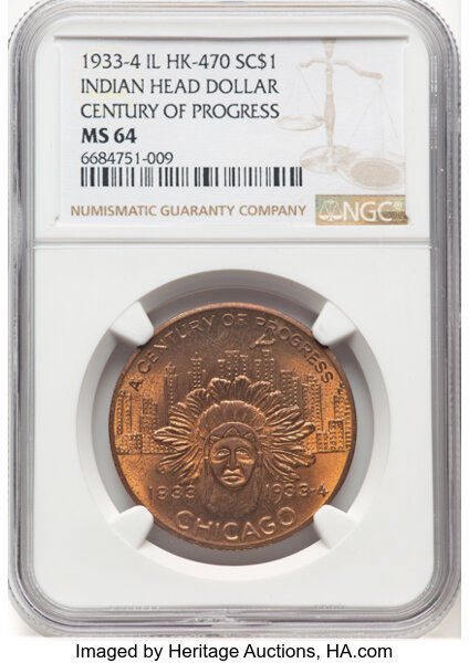 image for: 1933-4 Century of Progress Exposition, Indian Head Dollar, Brass, HK-470, SH 21-11 CP, R.5, MS64 NGC. Chicago, IL. NGC Censu...