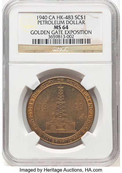 image for: 1940 Golden Gate Exposition, Petroleum Dollar, Gilt Bronze, HK-483, SH 23.12-6 GP, R.3, MS64 NGC. NGC Census: (69/116)....