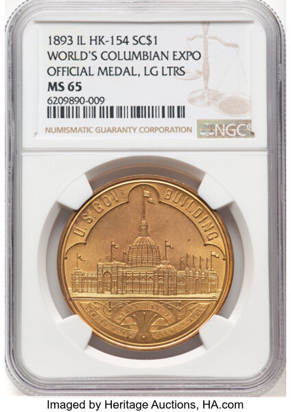 image for: 1893 World's Columbian Exposition, Official Medal, Large Letters, Gilt, HK-154, Eglit-23, SH 6-1 GP, R.6, MS65 NGC. NGC Cens...