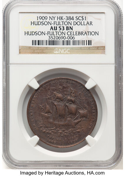 image for: 1909 Hudson-Fulton Dollar, Hudson-Fulton Celebration, Bronze, HK-384, R.5, AU53 NGC. NGC Census: (0/0)....