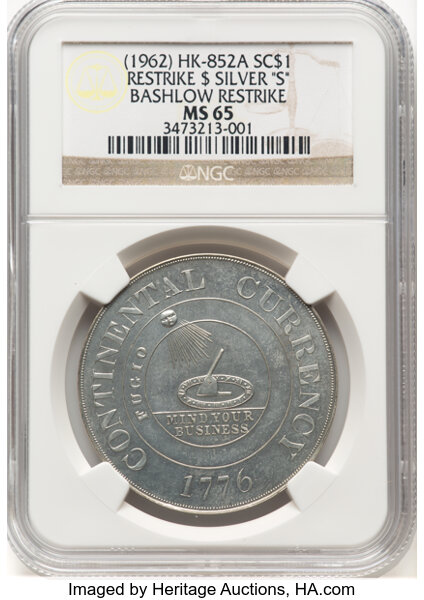 image for: (1962) Continental Dollar, Bashlow Restrike, Silver "S", HK-852a, R.4, MS65 NGC. NGC Census: (40/51)....