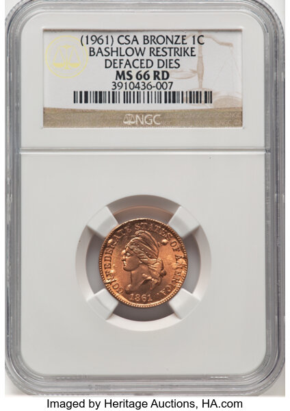 image for: (1961) Confederate States of America Cent, Bashlow Restrike, Defaced Dies, Bronze, MS66 Red NGC. ...