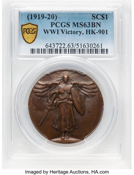 image for: (1919-20) World War I Victory Medal, Copper, HK-902, R.3, MS63 Brown PCGS. Incorrectly designated by PCGS as HK-901, which i...