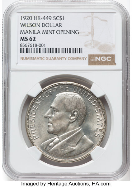 image for: 1920 Manila Mint Opening, Wilson Dollar, Silver, HK-449, R.4, MS62 NGC. NGC Census: (52/83)....