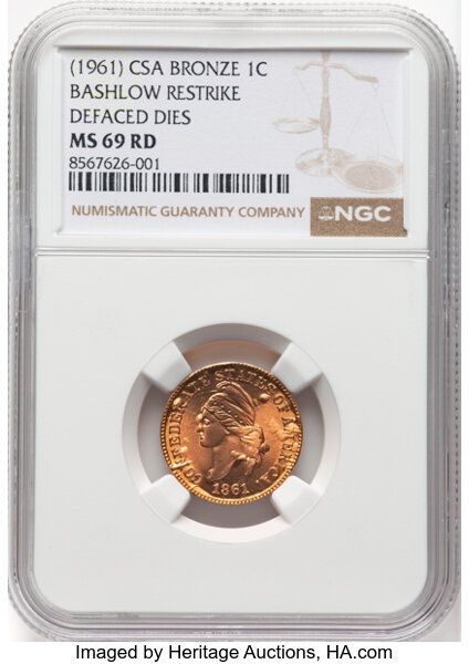 image for: (1961) Confederate States of America Cent, Bashlow Restrike, Defaced Dies, Bronze, MS69 Red NGC. ...