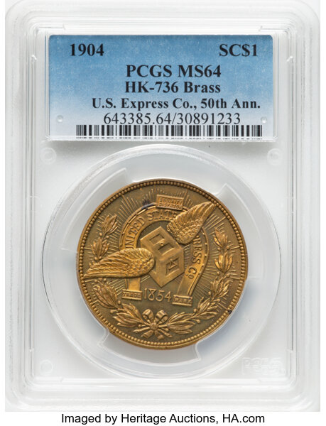 image for: 1904 U.S. Express Company, 50th Anniversary, Brass, HK-736, R.5, MS64 PCGS. PCGS Population: (3/0)....