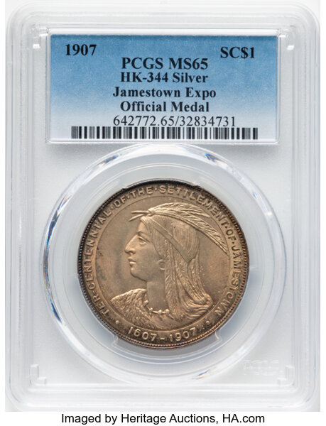 image for: 1907 Jamestown Tercentennial, Official Medal, Silver, HK-344, SH 15-1 S, R.5, MS65 PCGS. PCGS Population: (2/0)....