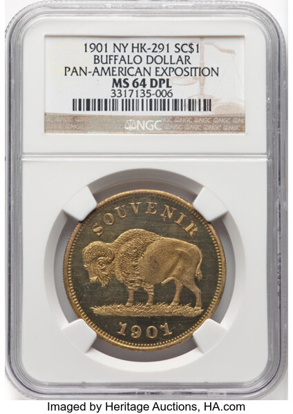 image for: 1901 Pan-American Exposition, Buffalo Dollar, Gilt, HK-291, SH 11-4, R.5, MS64 Deep Prooflike NGC. NGC Census: (4/1)....