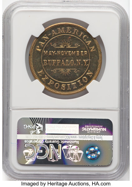image for: 1901 Pan-American Exposition, Buffalo Dollar, Gilt, HK-291, SH 11-4, R.5, MS64 Deep Prooflike NGC. NGC Census: (4/1)....