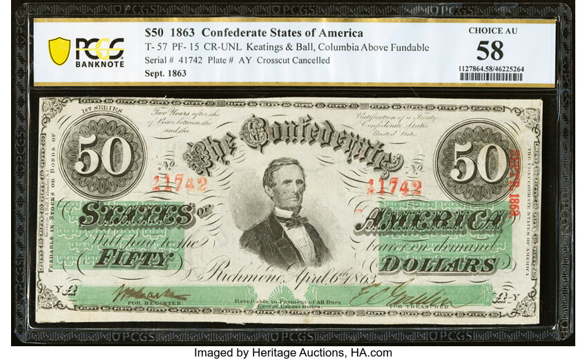 image for: T57 $50 1863 PF-15 Cr. UNL PCGS Banknote Choice AU 58....