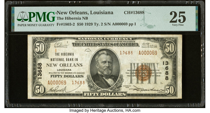 image for: New Orleans, LA - $50 1929 Ty. 2 The Hibernia National Bank Ch. # 13688 PMG Very Fine 25....