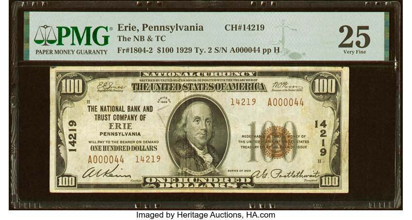image for: Erie, PA - $100 1929 Ty. 2 The National Bank & Trust Company Ch. # 14219 PMG Very Fine 25....