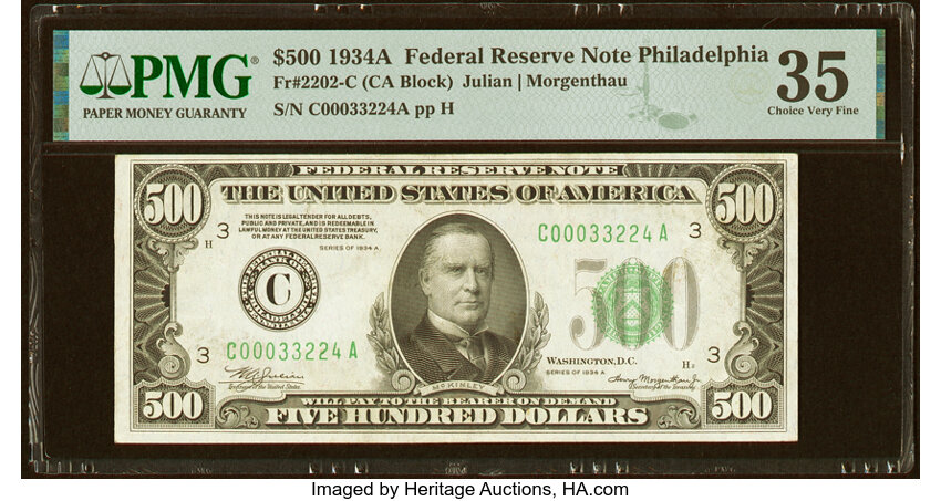 image for: Fr. 2202-C $500 1934A Federal Reserve Note. PMG Choice Very Fine 35....