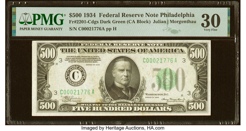 image for: Fr. 2201-C $500 1934 Federal Reserve Note. PMG Very Fine 30....