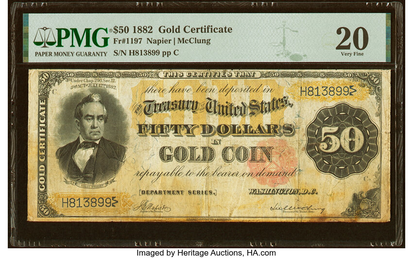 image for: Fr. 1197 $50 1882 Gold Certificate PMG Very Fine 20....