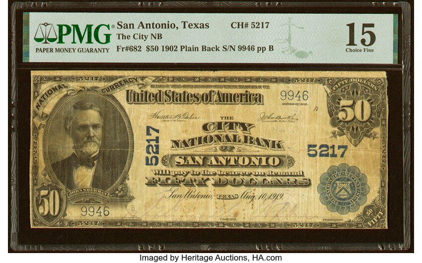 image for: San Antonio, TX - $50 1902 Plain Back Fr. 682 The City National Bank Ch. # 5217 PMG Choice Fine 15....