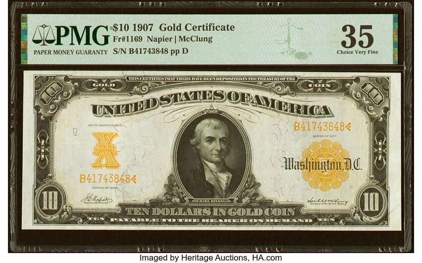 image for: Fr. 1169 $10 1907 Gold Certificate PMG Choice Very Fine 35....