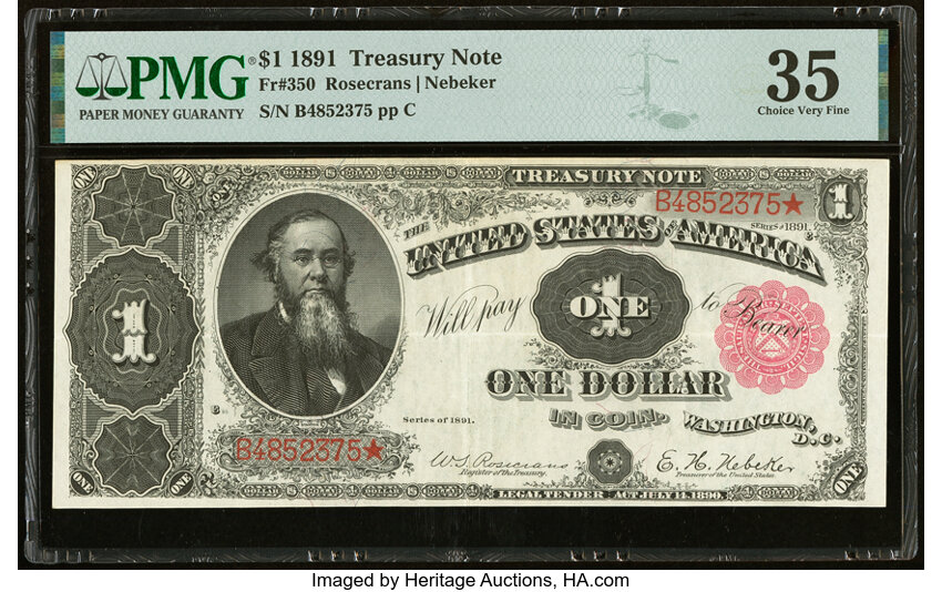 image for: Fr. 350 $1 1891 Treasury Note PMG Choice Very Fine 35....