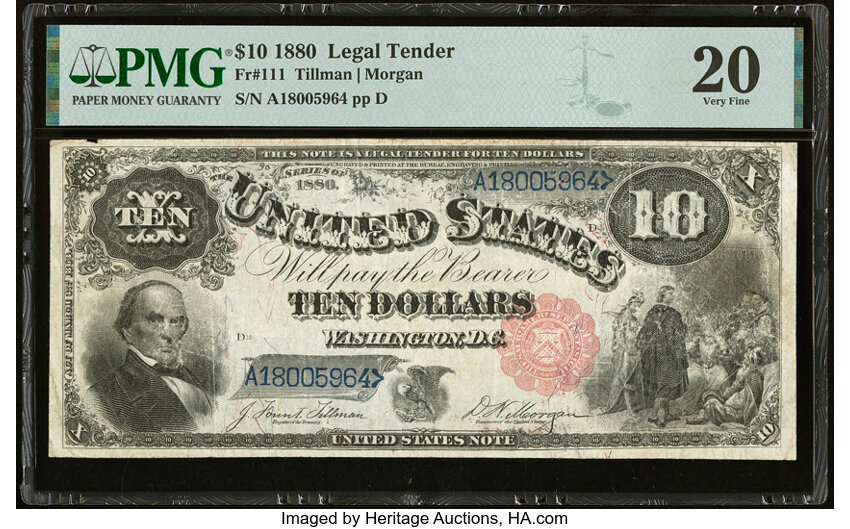 image for: Fr. 111 $10 1880 Legal Tender PMG Very Fine 20....