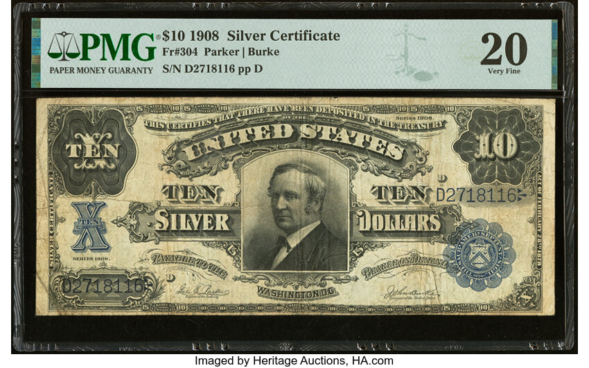 image for: Fr. 304 $10 1908 Silver Certificate PMG Very Fine 20....
