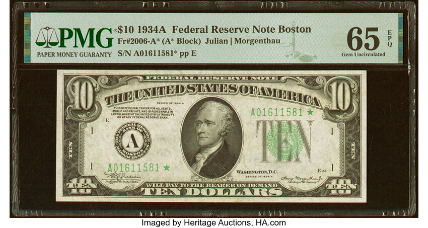 image for: Fr. 2006-A* $10 1934A Federal Reserve Star Note. PMG Gem Uncirculated 65 EPQ....