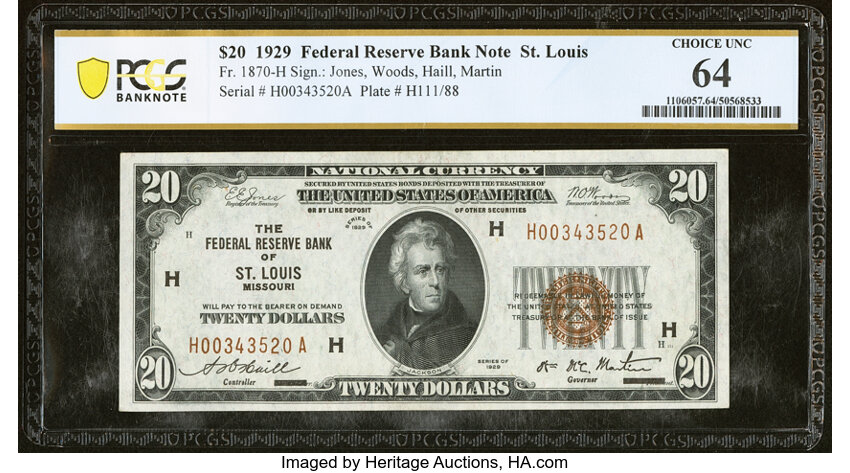 image for: Fr. 1870-H $20 1929 Federal Reserve Bank Note. PCGS Banknote Choice Unc 64....