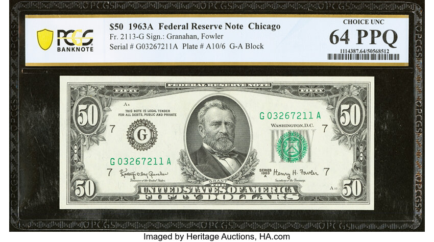 image for: Fr. 2113-G $50 1963A Federal Reserve Note. PCGS Banknote Choice Unc 64 PPQ....