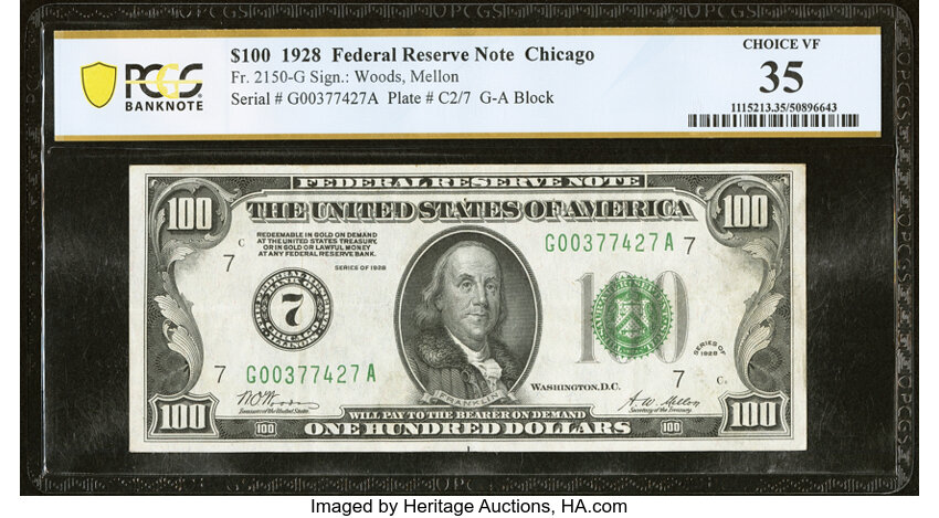 image for: Fr. 2150-G $100 1928 Federal Reserve Note. PCGS Banknote Choice VF 35....