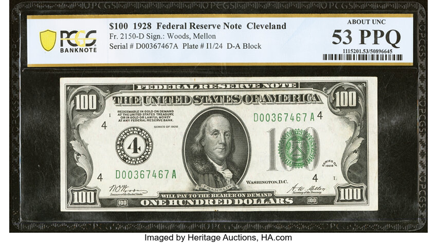 image for: Fr. 2150-D $100 1928 Federal Reserve Note. PCGS Banknote About Unc 53 PPQ....