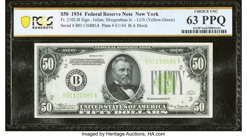image for: Fr. 2102-B $50 1934 Light Green Seal Federal Reserve Note. PCGS Banknote Choice Unc 63 PPQ....