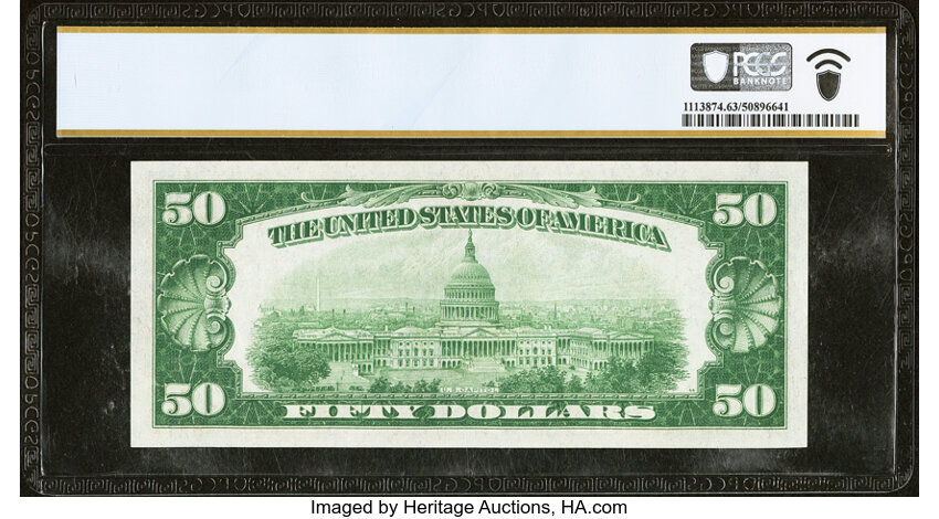 image for: Fr. 2102-B $50 1934 Light Green Seal Federal Reserve Note. PCGS Banknote Choice Unc 63 PPQ....
