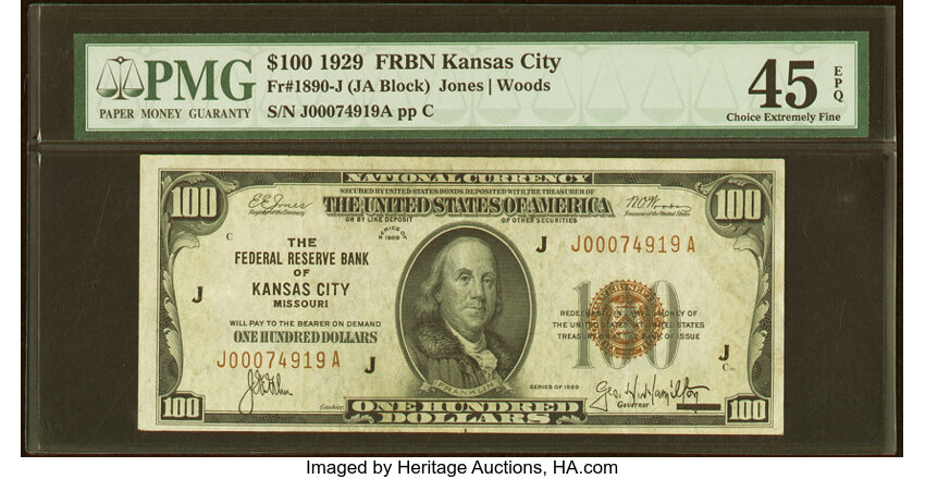 image for: Fr. 1890-J $100 1929 Federal Reserve Bank Note. PMG Choice Extremely Fine 45 EPQ....