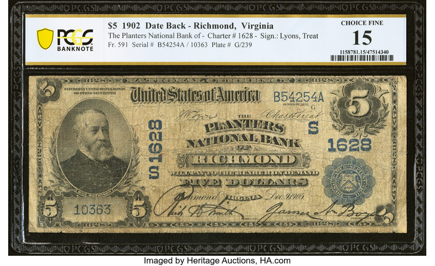 image for: Richmond, VA - $5 1902 Date Back Fr. 591 The Planters National Bank Ch. # (S)1628 PCGS Banknote Choice Fine 15....