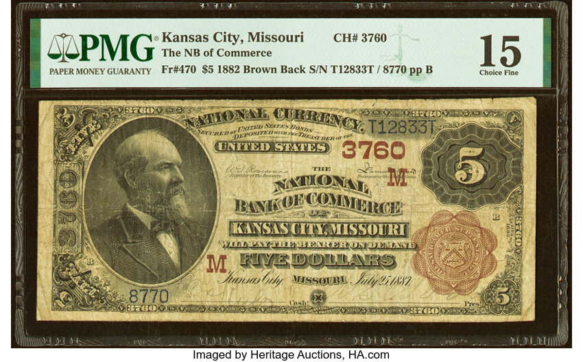 image for: Kansas City, MO - $5 1882 Brown Back Fr. 470 The National Bank of Commerce Ch. # (M)3760 PMG Choice Fine 15....