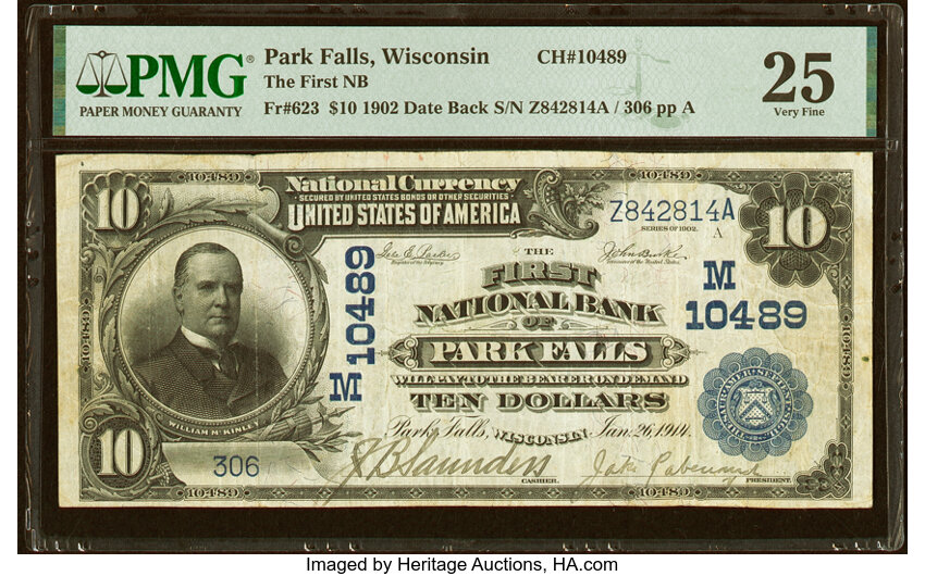 image for: Park Falls, WI - $10 1902 Date Back Fr. 623 The First National Bank Ch. # (M)10489 PMG Very Fine 25....