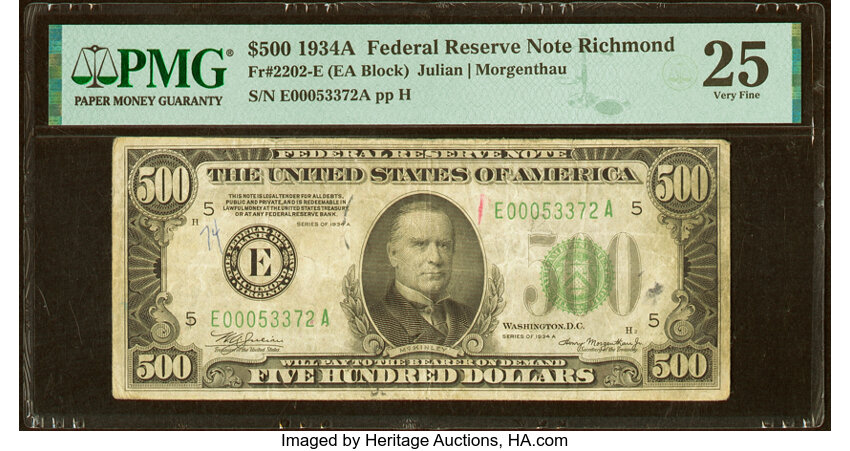 image for: Fr. 2202-E $500 1934A Federal Reserve Note. PMG Very Fine 25....