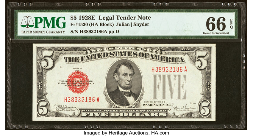 image for: Fr. 1530 $5 1928E Legal Tender Note. PMG Gem Uncirculated 66 EPQ....