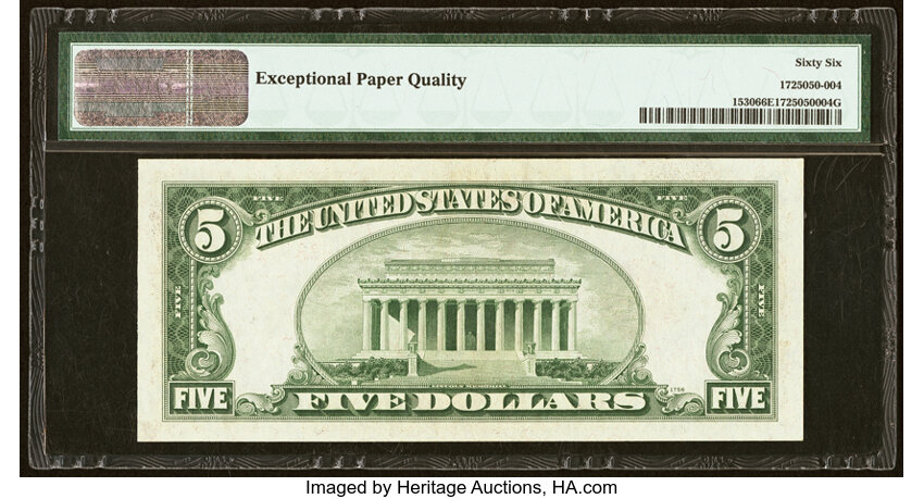 image for: Fr. 1530 $5 1928E Legal Tender Note. PMG Gem Uncirculated 66 EPQ....
