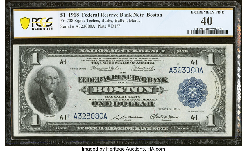 image for: Fr. 708 $1 1918 Federal Reserve Bank Note PCGS Banknote Extremely Fine 40....