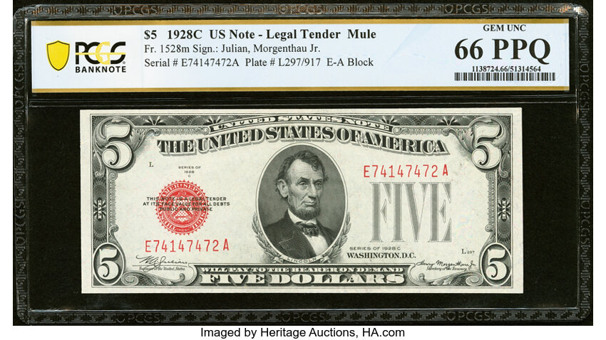 image for: Fr. 1528 $5 1928C Mule Legal Tender Note. PCGS Banknote Gem Unc 66 PPQ....