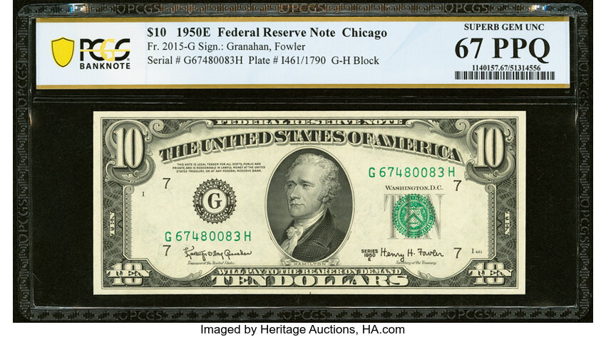 image for: Fr. 2015-G $10 1950E Federal Reserve Note. PCGS Banknote Superb Gem Unc 67 PPQ....