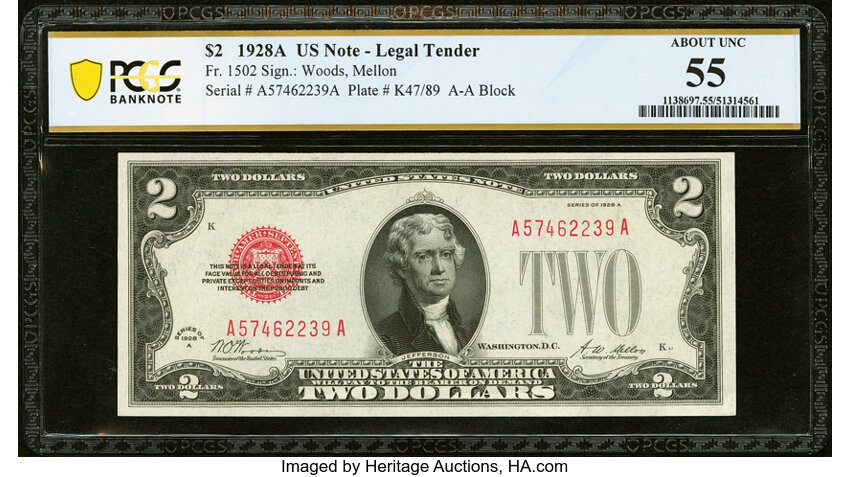 image for: Fr. 1502 $2 1928A Legal Tender Note. PCGS Banknote About Unc 55....