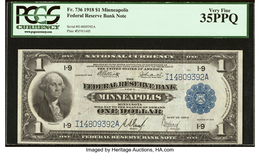 image for: Fr. 736 $1 1918 Federal Reserve Bank Note PCGS Very Fine 35PPQ....